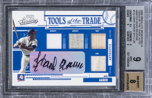 2005 Absolute Memorabilia "Tools of the Trade" #122 Hank Aaron Signed Swatch Card (#5/5) – BGS MINT 9/BGS 8